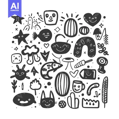 Aset desain premium: Hand-Drawn Doodle Collection of Cute and Whimsical Characters and Obje