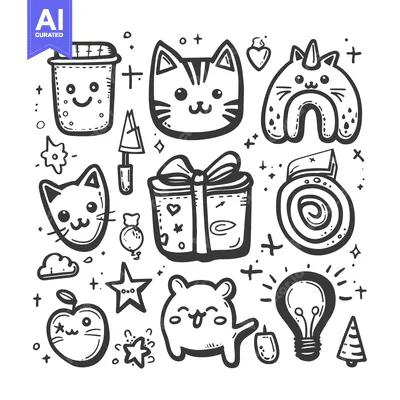 Premium design asset: Hand-Drawn Doodle Collection of Cute Characters and Objects