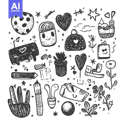 Premium design asset: Hand-Drawn Doodle Collection of Cute Objects and Nature Elements