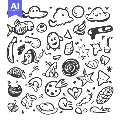 Aset desain premium: Hand-Drawn Doodle Collection of Cute Underwater Creatures and Objects