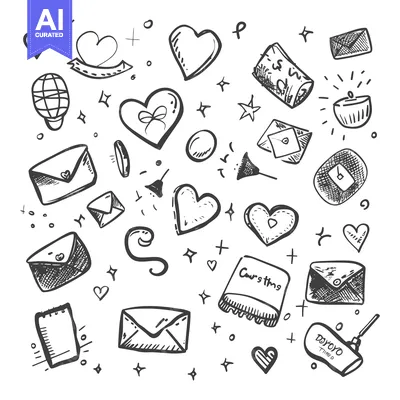 Aset desain premium: Hand-Drawn Doodle Collection of Hearts, Envelopes, Stars, and Other Ob