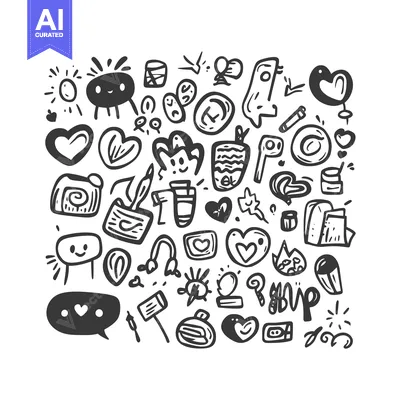 Aset premium populer: Hand-Drawn Doodle Collection of Hearts, Faces, and Objects