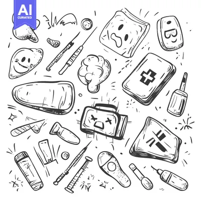 Aset desain premium: Hand-Drawn Doodle Collection of Medical and Healthcare Supplies
