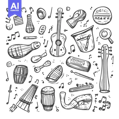 Aset desain premium: Hand-drawn doodle collection of musical instruments
