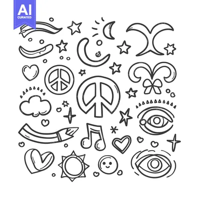 Aset premium populer: Hand-Drawn Doodle Collection of Peace Signs, Hearts, Stars, Moons, and