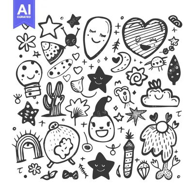 Aset premium populer: Hand-Drawn Doodle Collection of Smiling Faces and Objects