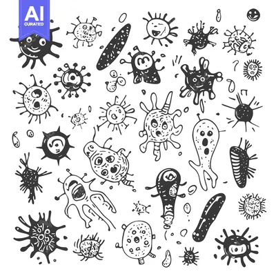 Aset premium populer: Hand-drawn Doodle Collection of Various Microbes with Quirky Personali