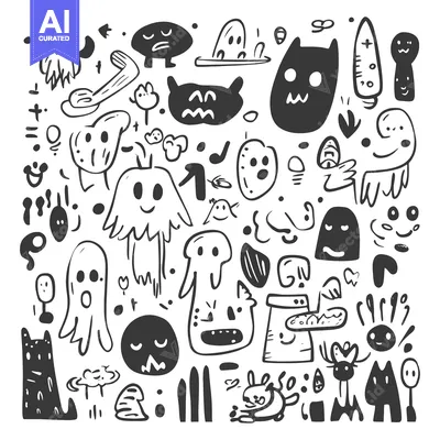 Aset desain premium: Hand-drawn doodle collection of various whimsical creatures and abstra