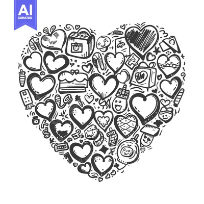 Aset desain premium: Hand-Drawn Doodle Heart Filled with Various Love-Themed Objects