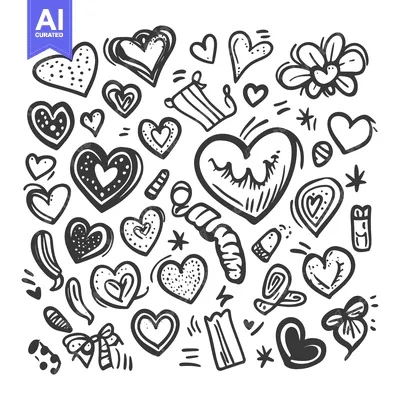 Aset desain premium: Hand-Drawn Doodle Hearts and Floral Elements