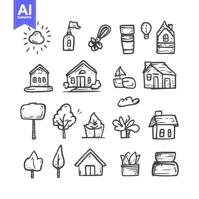 Popular premium asset: Hand-Drawn Doodle Icons of Houses, Trees, and Other Objects