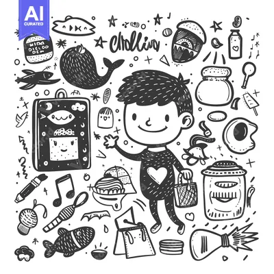 Aset premium populer: Hand-Drawn Doodle Illustration Featuring a Smiling Boy Surrounded by V