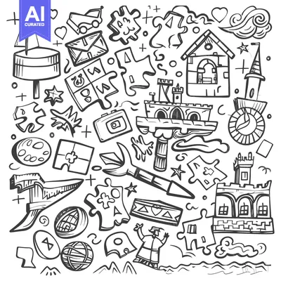 Aset premium populer: Hand-Drawn Doodle Illustration Featuring a Variety of Objects and Shap