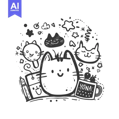 Aset premium populer: Hand-drawn doodle illustration featuring cats, stars, and a coffee mug