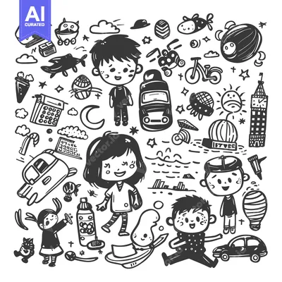 Aset premium populer: Hand-Drawn Doodle Illustration Featuring Children, Vehicles, and Every