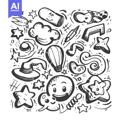 Aset premium populer: Hand-drawn Doodle Illustration Featuring Smiling Cartoon Characters an
