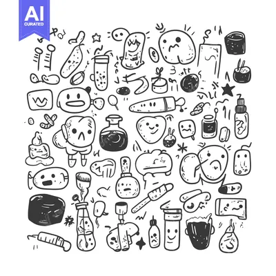 Aset premium populer: Hand-drawn Doodle Illustration Featuring Various Objects with Faces