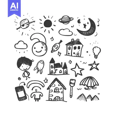 Premium design asset: Hand-Drawn Doodle Illustration of a Boy, Houses, and Other Objects