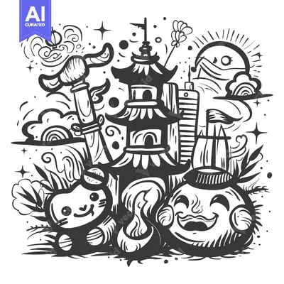 Aset premium populer: Hand-Drawn Doodle Illustration of a Cityscape with a Cat, Sun, and Pag