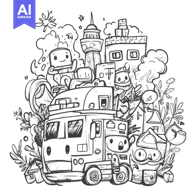 Premium design asset: Hand-drawn Doodle Illustration of a Cityscape with a Truck and Cartoon