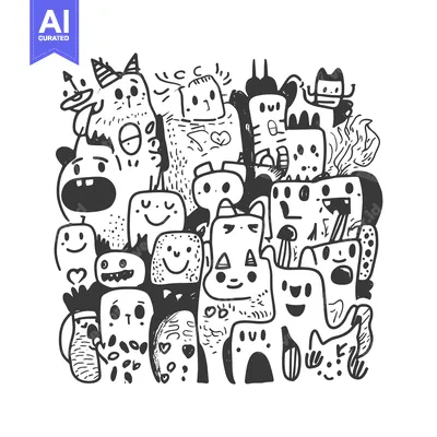 Aset desain premium: Hand-Drawn Doodle Illustration of a Group of Cartoon Monsters
