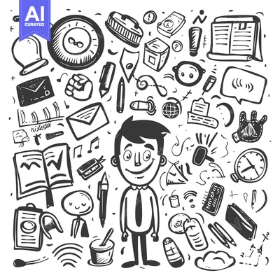 Aset desain premium: Hand-Drawn Doodle Illustration of a Man Surrounded by Various Objects