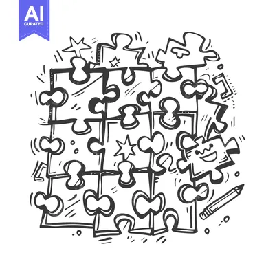 Aset premium populer: Hand-drawn Doodle Illustration of a Puzzle with a Smiling Piece and Ot