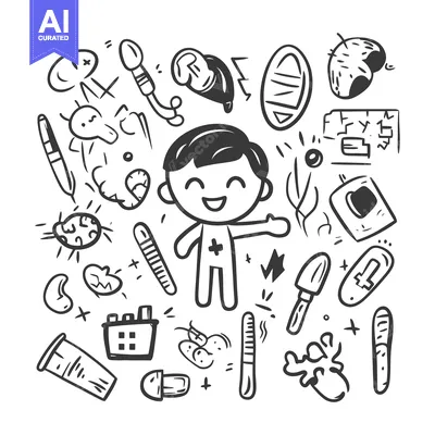 Aset premium populer: Hand-drawn Doodle Illustration of a Smiling Doctor Surrounded by Medic