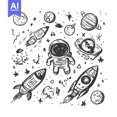 Aset desain premium: Hand-Drawn Doodle Illustration of Astronaut, Rockets, and Planets in S