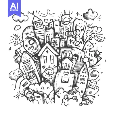 Aset desain premium: Hand-drawn doodle illustration of a whimsical town with quirky charact