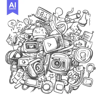 Aset desain premium: Hand-drawn Doodle Illustration of Cameras and Technology