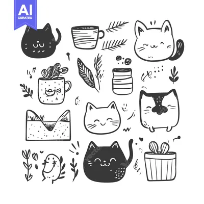 Aset premium populer: Hand-Drawn Doodle Illustration of Cats, Plants, and Other Cute Objects