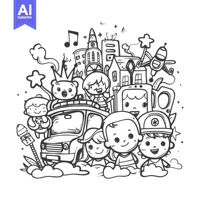 Aset premium populer: Hand-drawn doodle illustration of children with cityscape, vehicles, a