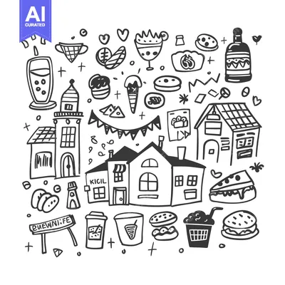 Aset premium populer: Hand-drawn Doodle Illustration of Cityscape with Food and Drink Elemen