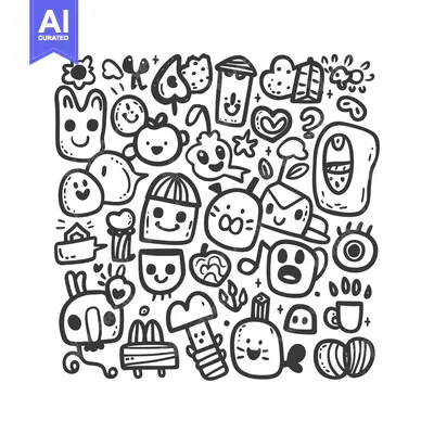 Aset desain premium: Hand-Drawn Doodle Illustration of Cute Characters and Objects