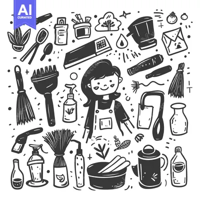 Aset premium populer: Hand-Drawn Doodle Illustration of Everyday Objects and a Person Wearin