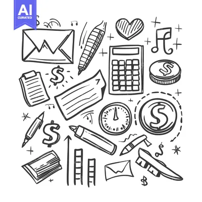 Aset premium populer: Hand-drawn Doodle Illustration of Financial and Business Objects