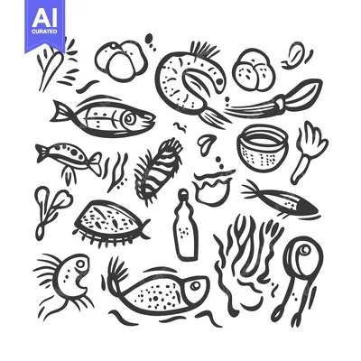 Aset premium populer: Hand-drawn Doodle Illustration of Fish, Seaweed, and Other Underwater
