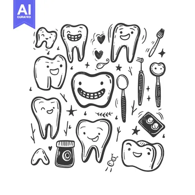 Aset desain premium: Hand-Drawn Doodle Illustration of Happy Teeth and Dental Care Tools