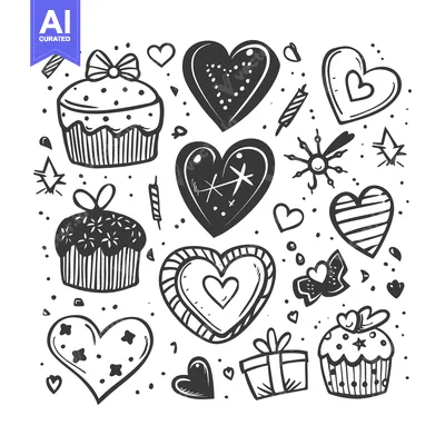 Aset premium populer: Hand-drawn Doodle Illustration of Hearts, Cupcakes, and Presents