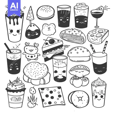 Aset premium populer: Hand-Drawn Doodle Illustration of Kawaii Food and Drinks