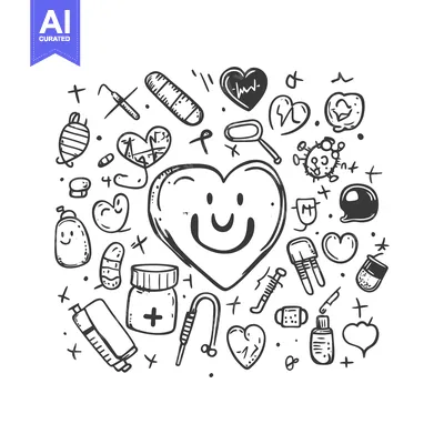 Aset premium populer: Hand-Drawn Doodle Illustration of Medical and Heart-Related Symbols