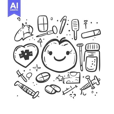 Aset desain premium: Hand-Drawn Doodle Illustration of Medical Supplies and a Smiling Face