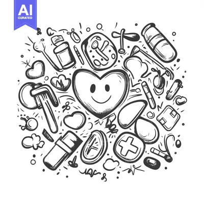 Popular premium asset: Hand-Drawn Doodle Illustration of Medical Supplies and a Smiling Heart