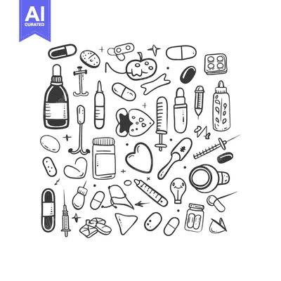 Aset premium populer: Hand-Drawn Doodle Illustration of Medical Supplies and Pharmaceuticals