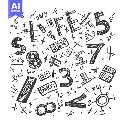 Aset desain premium: Hand-drawn doodle illustration of numbers, symbols, and words