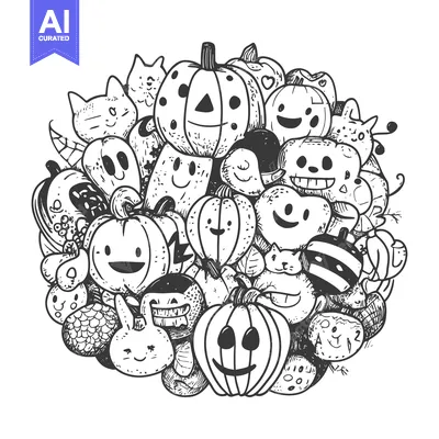 Aset premium populer: Hand-Drawn Doodle Illustration of Pumpkins and Halloween Characters