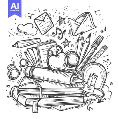Popular premium asset: Hand-drawn doodle illustration of school supplies and an apple on a st