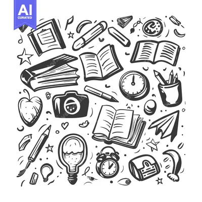 Aset desain premium: Hand-drawn Doodle Illustration of School Supplies and Objects