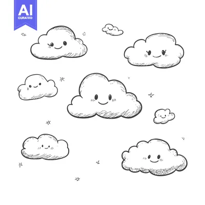 Aset desain premium: Hand-drawn doodle illustration of seven smiling clouds with stars